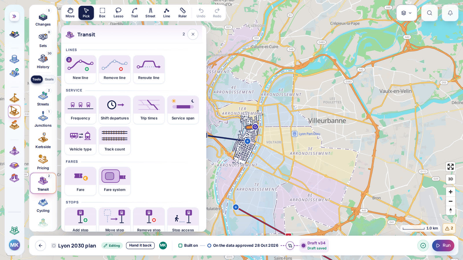 The Transit tools open over Lyon in the scenario editor
