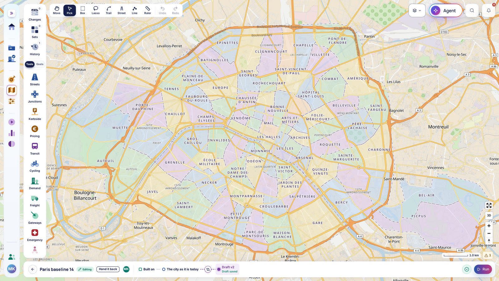 Paris in Polycity's scenario editor, its zones over the street map