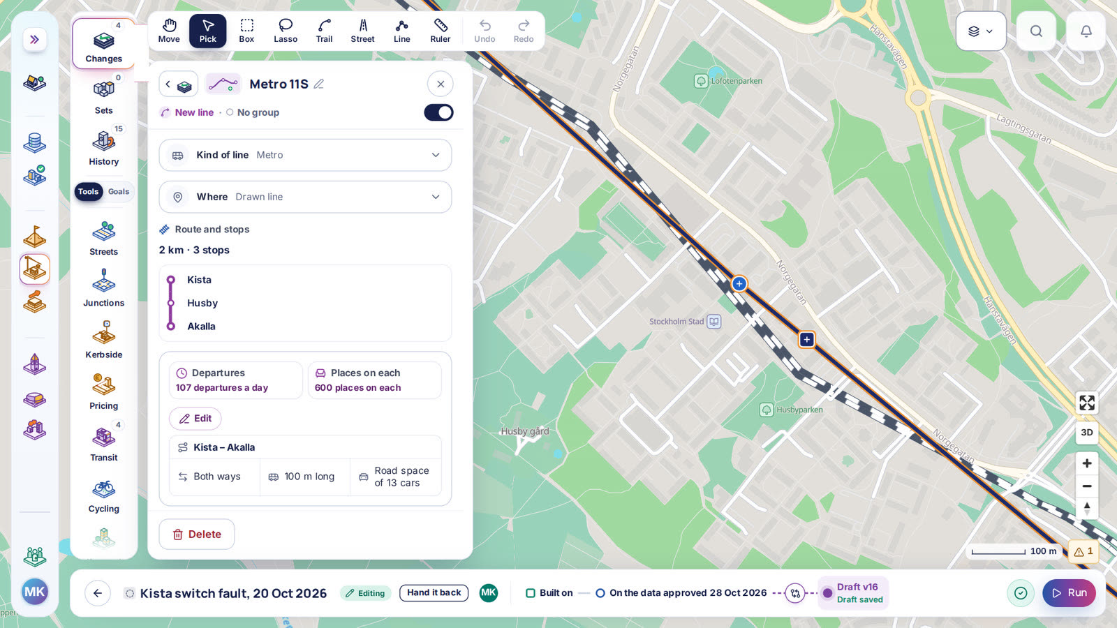 A new metro shuttle drawn in the scenario editor from Kista through Husby to Akalla