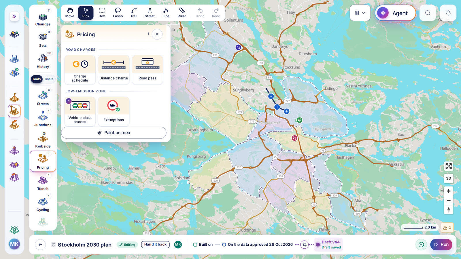 The Pricing tools open over Stockholm in the scenario editor