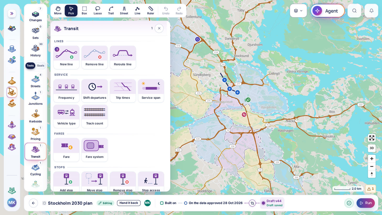 The Transit tools open over Stockholm in the scenario editor