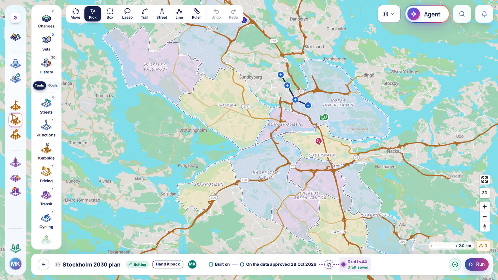 Stockholm in Polycity's scenario editor, its zones over the street map